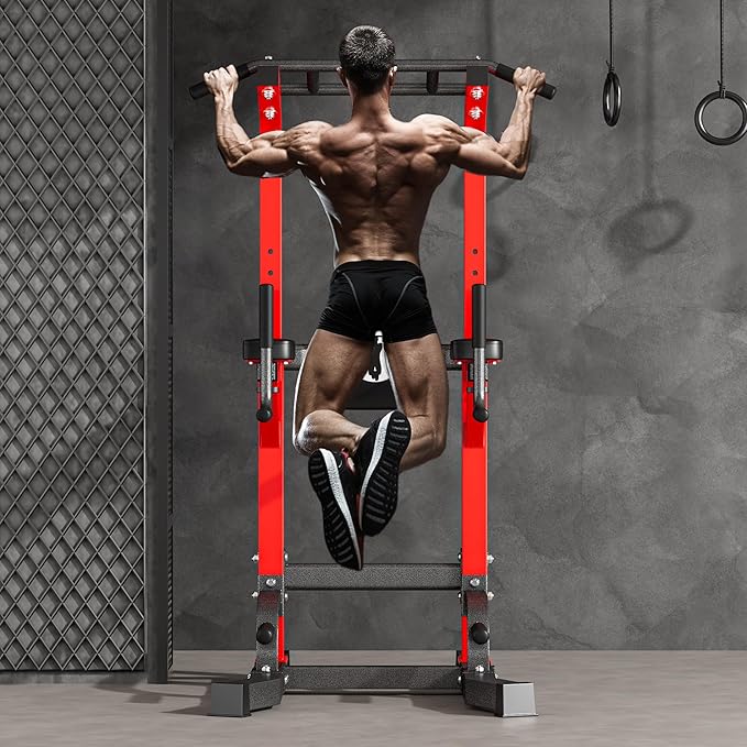 soges Pull Up Bar Dip Station Power Tower with A Backrest Adjustable Height Pull Up Bar Stand Multi-Function Home Gym Strength TrainingRed