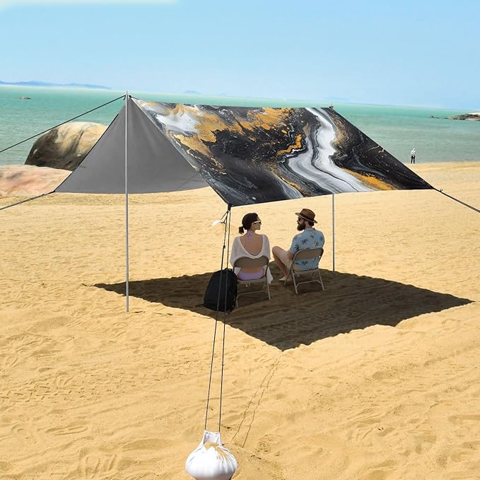 ALAZA Black Marble with Hints of White and Gold Pattern Beach Tent Sun Shelter Portable Canopy Sunshade for Outdoor Camping Picnics Backyard Fun 10x9 ft