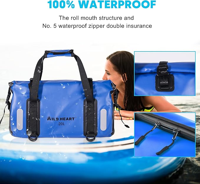 WILD HEART Waterproof Bag Duffel Bag 20L 30L 40L with Welded Seams Shoulder Straps Mesh Pocket for Kayaking Camping BoatingBicycleMotorcycle