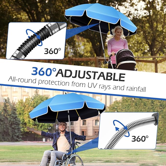 Umbrella 360°Adjustable Protection Stroller 2 PACK 48.8 beach chair umbrella with clamp high UV protection. 3 Adjustable areas 180°+360° for fishing golf beach camping (chair not included)