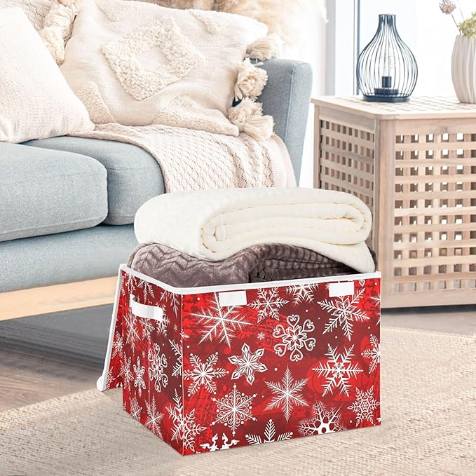 senya Christmas Baskets Collapsible Storage Bins with Lids Christmas Red Pattern with Snowflakes Flower Storage Boxes Clothes Baskets for Organizing