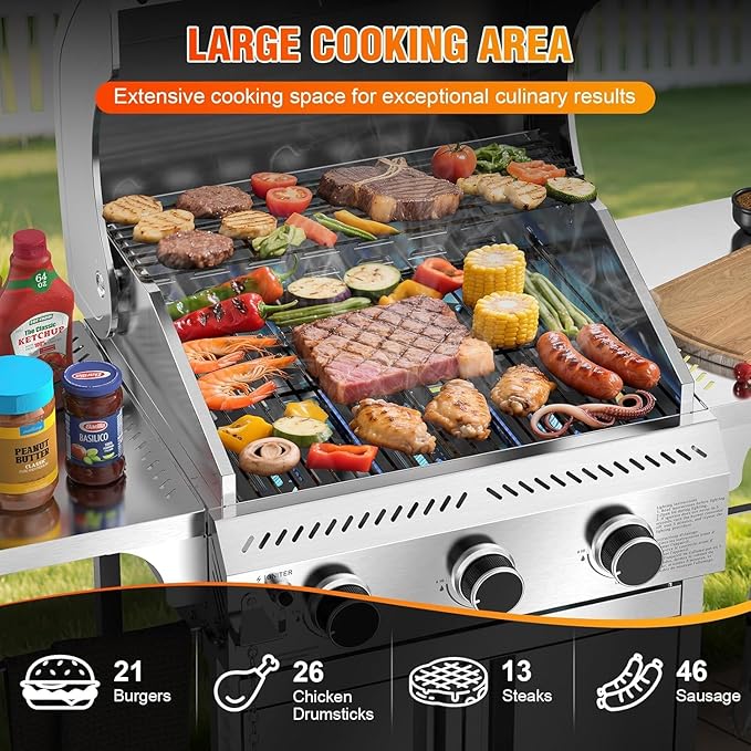 Electactic Propane Gas Grill 3-Burner 24000 BTU Stainless Steel BBQ Grill with Foldable Shelf for Outdoor Barbecue and Cooking