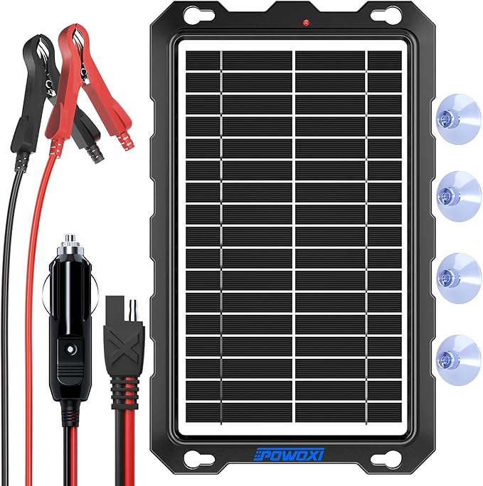POWOXI-9W-Solar-Battery-Trickle-Charger-Maintainer -12V Portable Waterproof Solar Panel Trickle Charging Kit for Car Motorcycle Boat Marine RV Trailer Powersports Snowmobile etc.