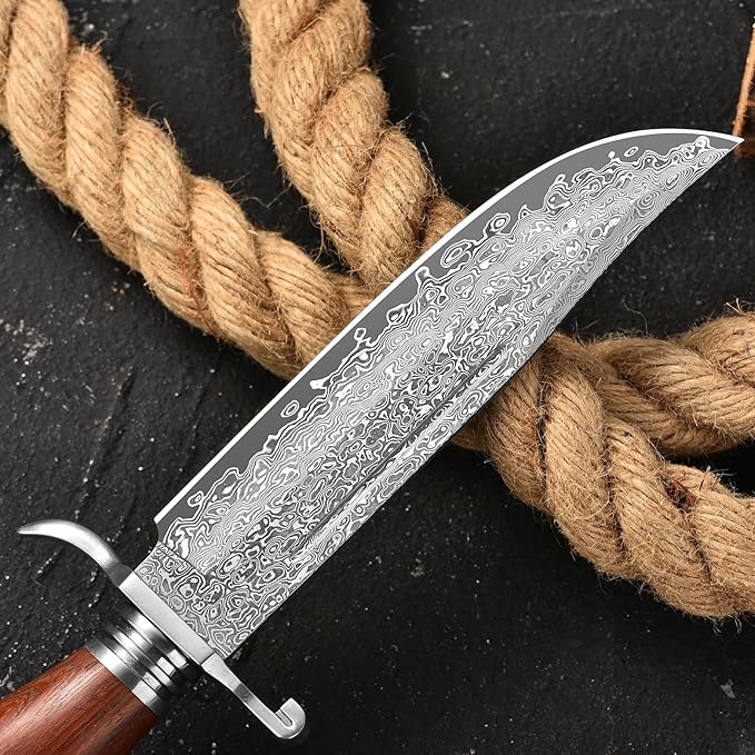 DRACHENADER 10.5 Inch Bowie Knife with Sheath Outdoor Hunting Survival Bushcraft Fixed Blade Knife (C-Japanese Type-Damascus Blade)