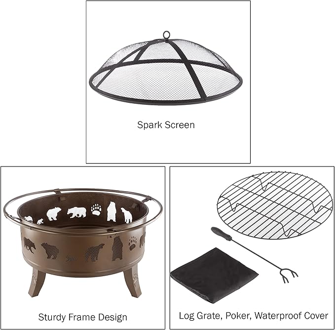 Pure Garden 50-LG1202 32” Outdoor Deep Fire Pit-Round Large Steel Bowl with Bear Cutouts Mesh Spark Screen Log Poker &amp Storage Cover-Patio Wood Burning Antique Gold