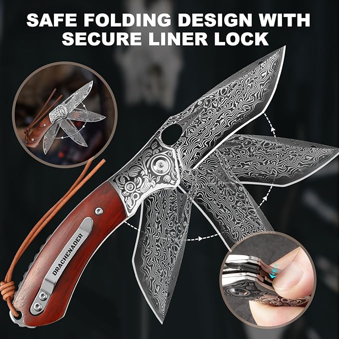 2-PCS VG10 Damascus Pocket Knife Set for Men — Folding Knife with Leather Sheath for Gifting Collecting&amp Outdoor Use