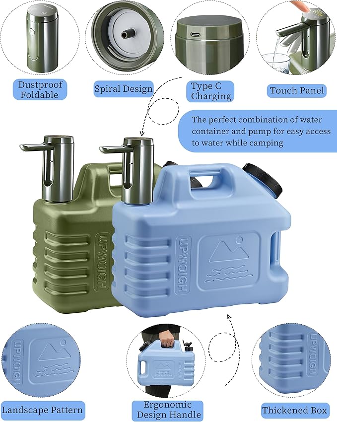 UPWOIGH 3.5 Gallon Portable Water Jug in Light Blue with Screw-Lock Leakproof Touch Pump Nature-Inspired Carved Container with Spigot Type-C Rechargeable Outdoor Water Tank for Camping Hiking