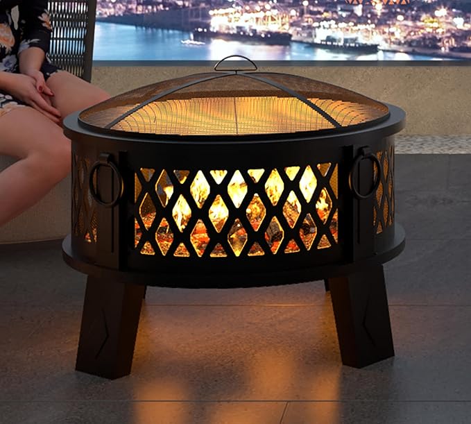 Fire Beauty 26 Steel Fire Pit with Grill &amp Diamond Mesh Design360° Airflow Tech for 80% Less SmokeXL FlamesHeavy-Duty Portable Outdoor Fire Bowl for Camping Backyard Beach (22lbs 4 Handles)