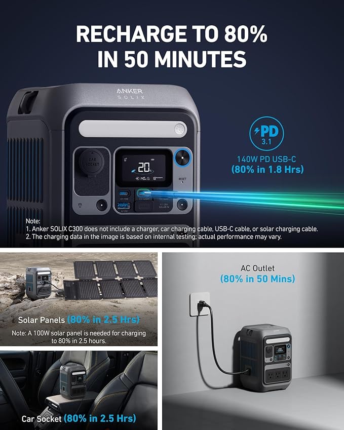 Anker Solar Generator SOLIX C300 with Protective Bag 288Wh Portable Power Station 300W (600W Surge) LiFePO4 Battery 140W Two-Way Fast Charging for Outdoor Camping Traveling and Emergencies
