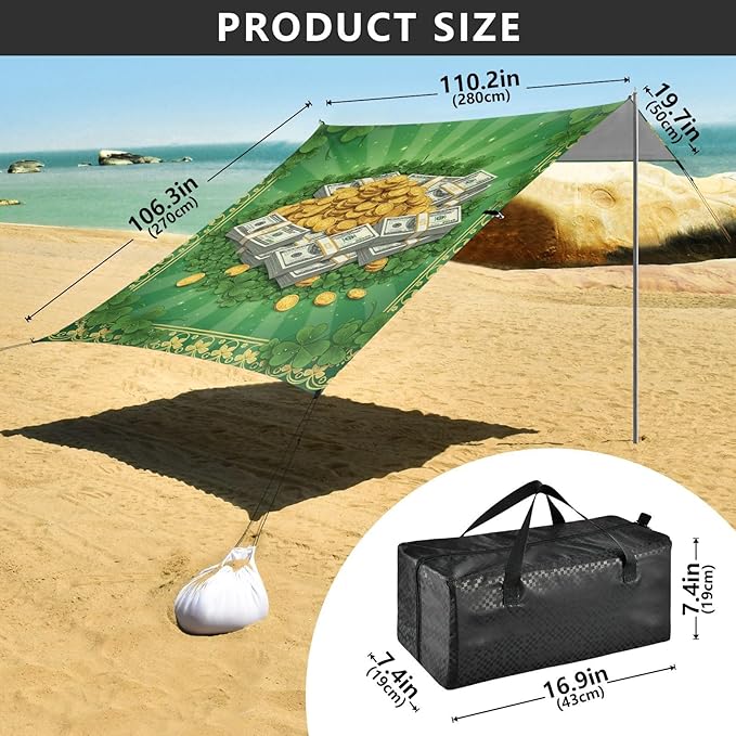 Beach Canopy with Windproof Ropes &amp Sandbags Beach Tent Sun Shade Sun Shelter for Camping Trips Fishing Backyard Fun or Picnics St. Patrick's Day