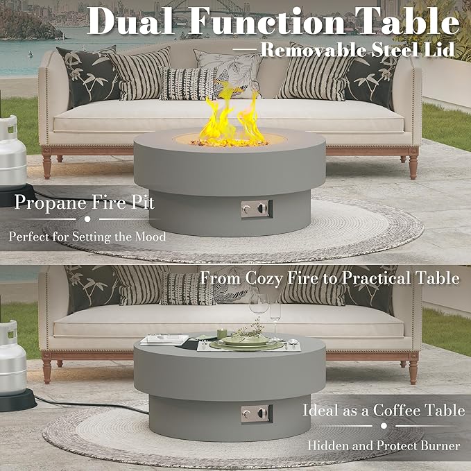 32.5 Inch Propane Fire Pit Table 50000 BTU Round Patio Fire Pit Table Outdoor CSA Certified Stainless Burner with Steel Lid Waterproof Cover &amp Lava Rocks for Backyard Garden Gray