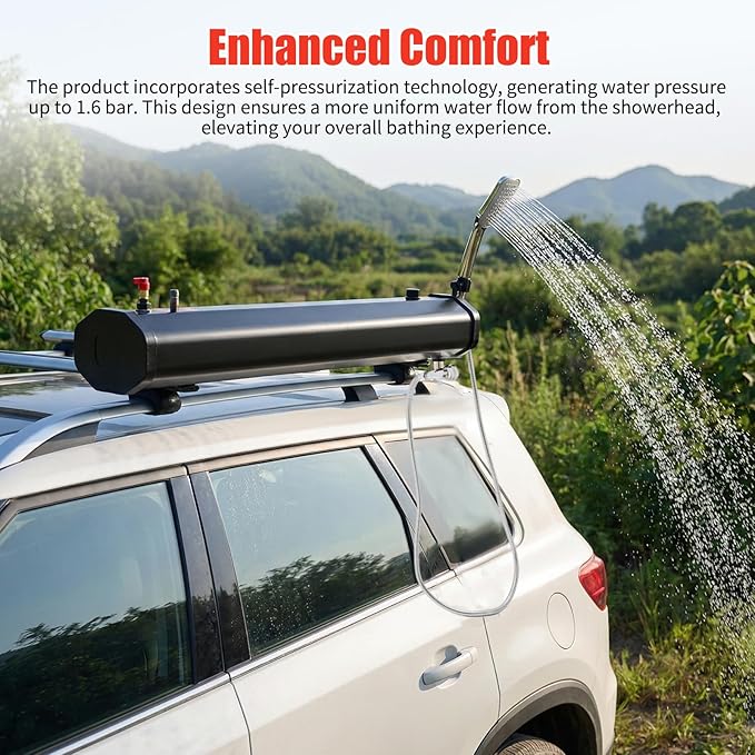 Portable Camping Shower 30L 7.93Gallon Roof Rack Mount Road Shower 140℉ Outdoor Activities Water Supply w/Shower Head for Surfing Beach Travel Camping &amp Off-Road