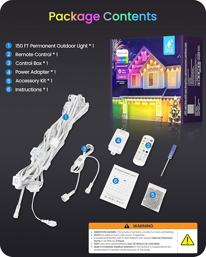 Permanent Outdoor Lights 150 FT RGB &amp White Outdoor Eaves Light with 72 LED Lights App/Remote Control IP65 Waterproof Christmas String Lights for Festival Party Holiday Decor W04EL05