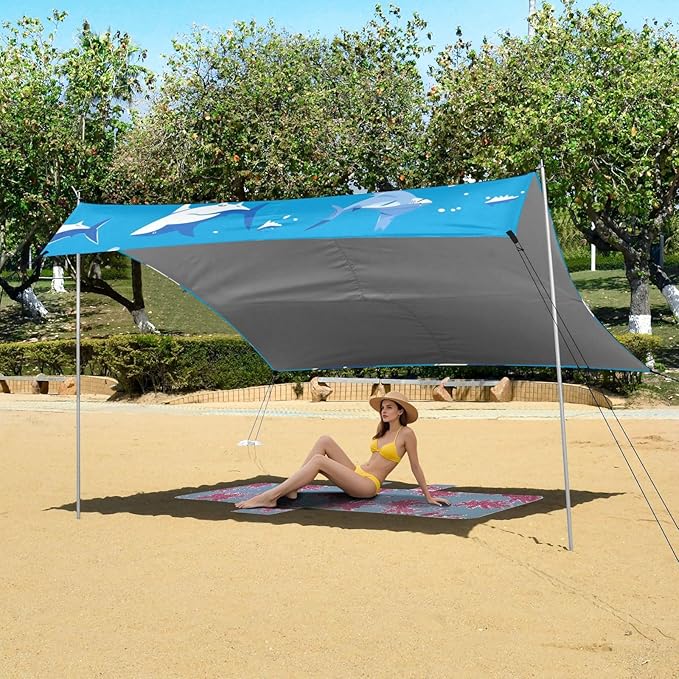 Shark Ocean Navy Blue Foldable Beach Canopy UPF50+ Protection Easy Setup Large Sun Shelter with Carrying Bag for Camping Picnics Backyard