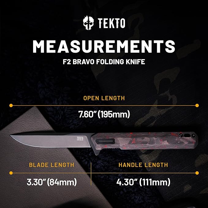 TEKTO F2 Bravo Folding Pocket Knife - D2 Steel Blade Ceramic Ball Bearings - EDC - Snap Swift Flip for Camping Backpacking - 2.4oz (68g) Forged Ember Handle Black Titanium Accents