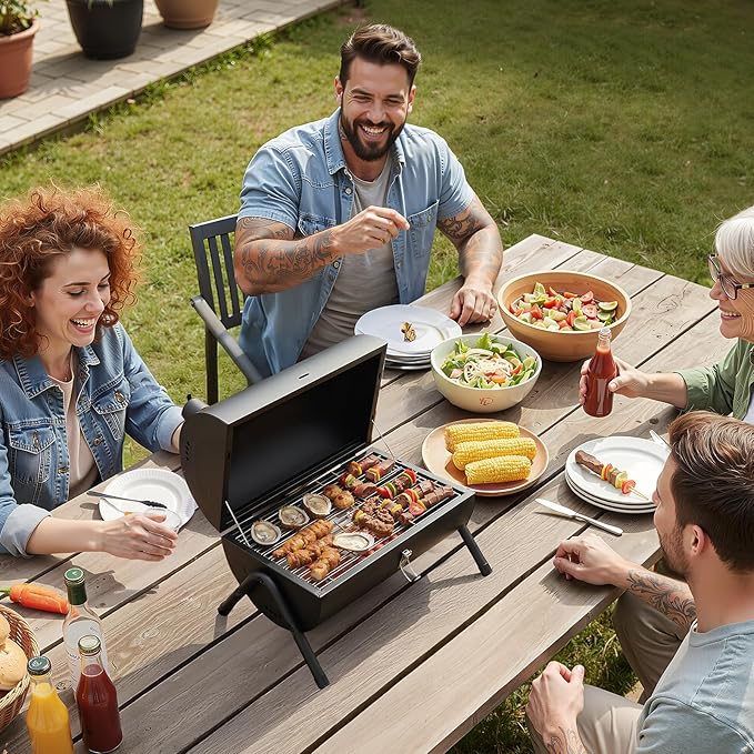 VINGLI Portable Double Sides Charcoal Grill Thermometer &amp Wooden HandleStorage Bag Multi-functional Metal Compact Tabletop BBQ Outdoor Charcoal Grill for Camping Travel Picnic Patio
