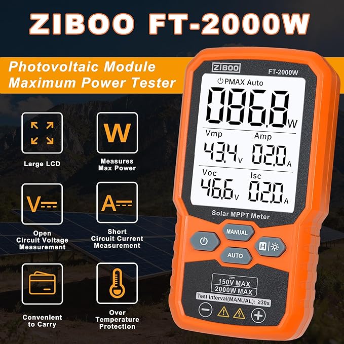 ZIBOO FT-2000W Solar Panel Tester MPPT Meter - 2000W Max Power 150V/35A PV Module Tester for Voc/Isc Open Circuit Voltage &amp Short Circuit Current with Backlight &amp Data Hold