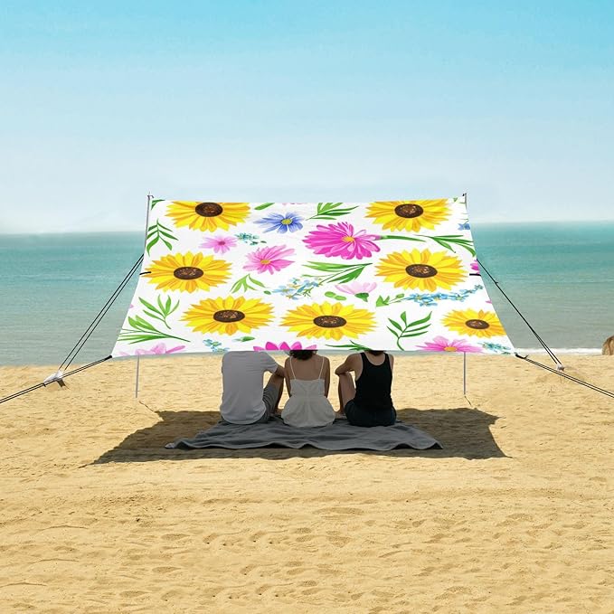 Beach Canopy with Windproof Ropes &amp Sandbags Beach Tent Sun Shade Sun Shelter for Camping Trips Fishing Backyard Fun or Picnics Sunflowers