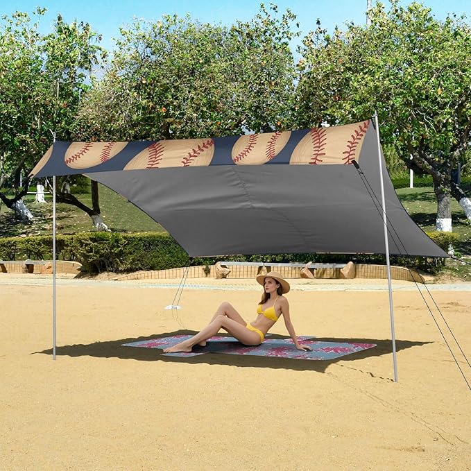 xigua Baseball Beach Tent Sun Shelter with Carrying Bag - Silver Coated Oxford Fabric Beach Canopy for Beach Camping Fishing - Includes Windproof Ropes Sandbags &amp Stakes