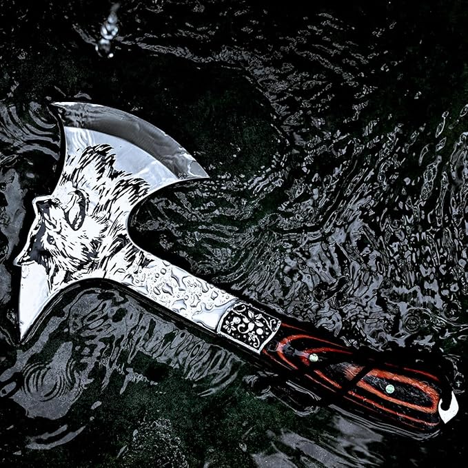 Camping Hatchet Overall 8.5in w/4in Blade Compact Camp Axe Stainless Steel Blade and Comfortable Wooden Grip Outdoor Hunting Survival Hiking Tactical Axe Tomahawk Sheath Included