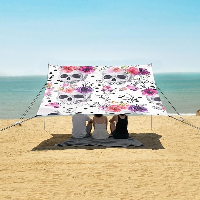 ALAZA White Skull Flowers Pattern Beach Tent Sun Shelter Portable Canopy Sunshade for Outdoor Camping Picnics Backyard Fun 10x9 ft