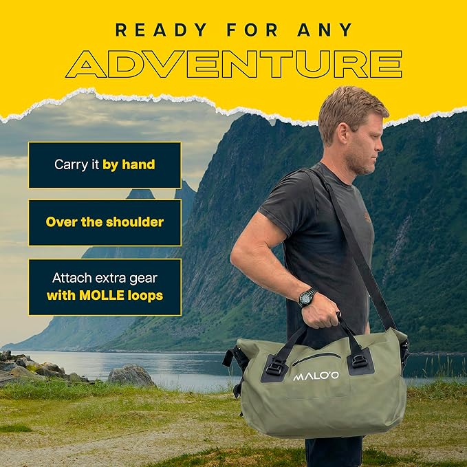Malo’o Waterproof Dry Duffel Heavy-Duty Roll Top Waterproof Gear Bag with Shoulder Strap &amp Molle Loops Marine Duffel for Kayaking Boating Camping Beach &amp Travel Dark Green 40L