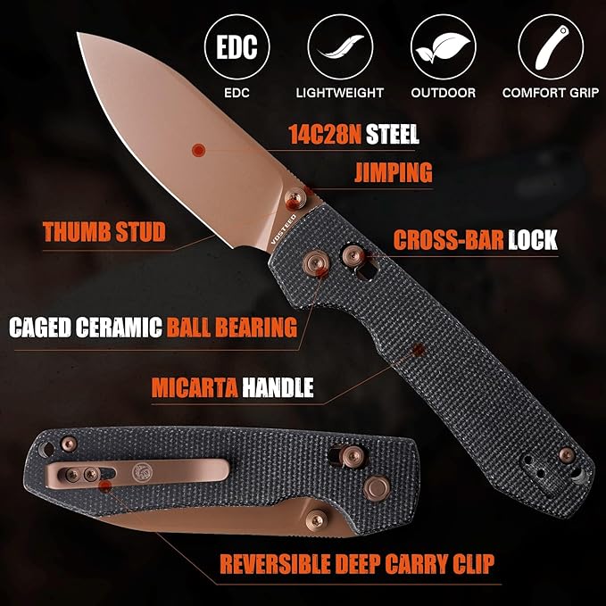 Vosteed Raccoon EDC Knife Lightweight Pocket knife with Clip for Men &amp Women - 3.25 Sandvik 14C28N Steel Rose Gold Blade Crossbar Lock Micarta Handle Folding knives - A0539
