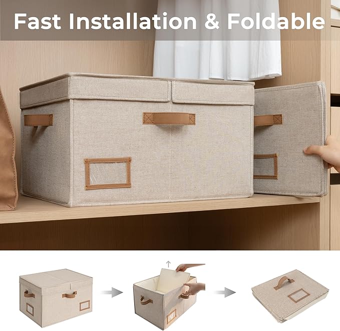 StorageWorks Large Clothes Storage Bins Fabric Boxes with Divider Board Baskets for Clothes Linen Closet Organizers with Lid Mixing of Brown &amp Beige 2-Pack