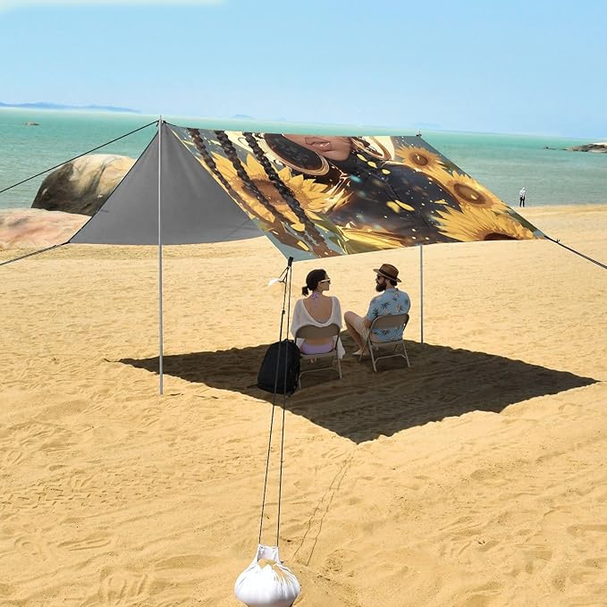 ALAZA African Woman Sunflower Beach Tent Sun Shelter Portable Canopy Sunshade for Outdoor Camping Picnics Backyard Fun 10x9 ft