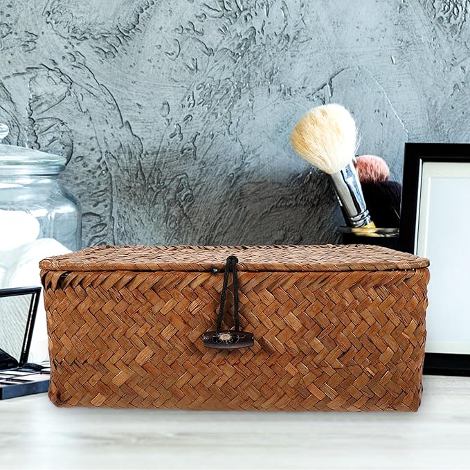 Rattan Basket with Lid Seagrass Baskets with Lid Flat Rattan Storage Bins with Button for Shelf Closet Bedroom