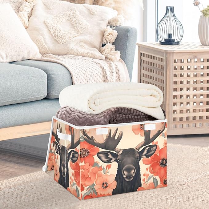 Storage Cube with Lid Floral Moose Print 16.5×12.6×11.8 IN Collapsible Large Capacity Foldable Storage Basket Bin Organizer