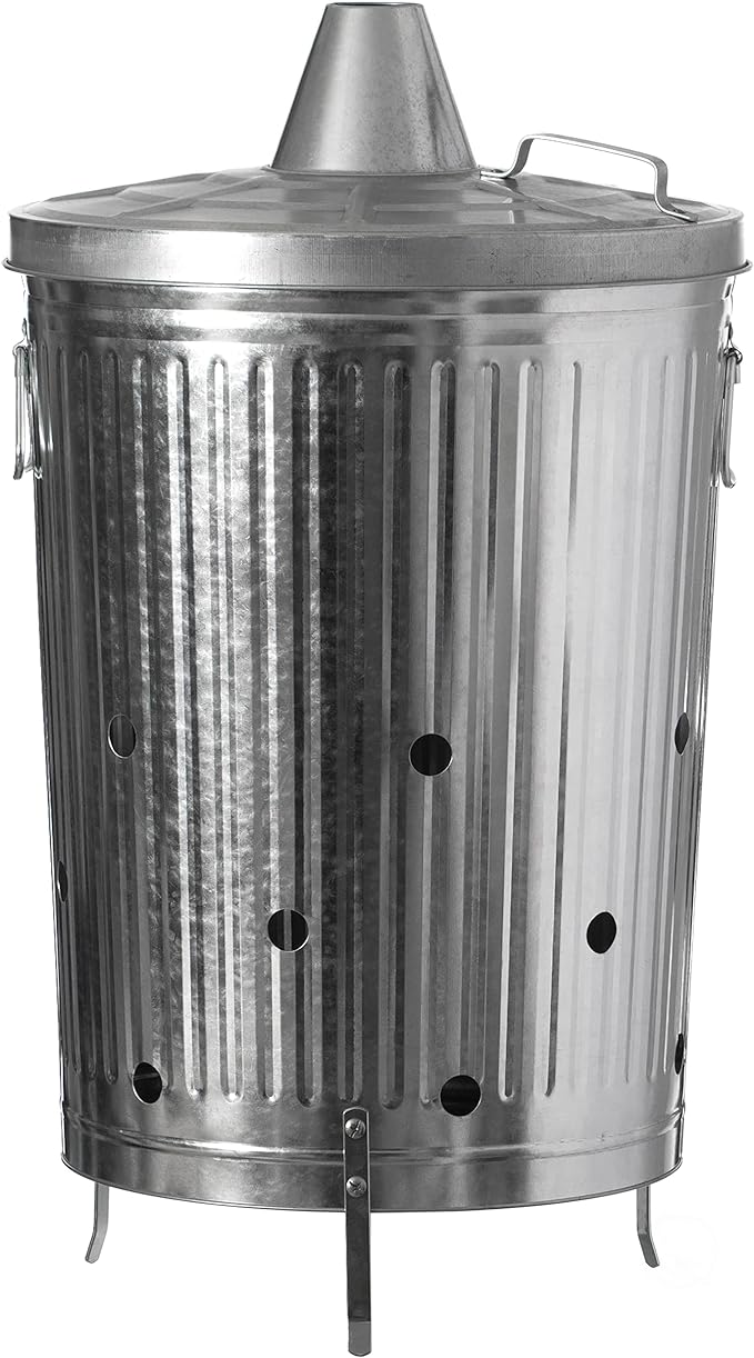 Gardenised 20-Gallon Galvanized Steel Incinerator Can with Lid &amp Vent Holes High-Heat Outdoor Burn Bin for Leaves Paper Yard Waste &amp Garden Debris Silver