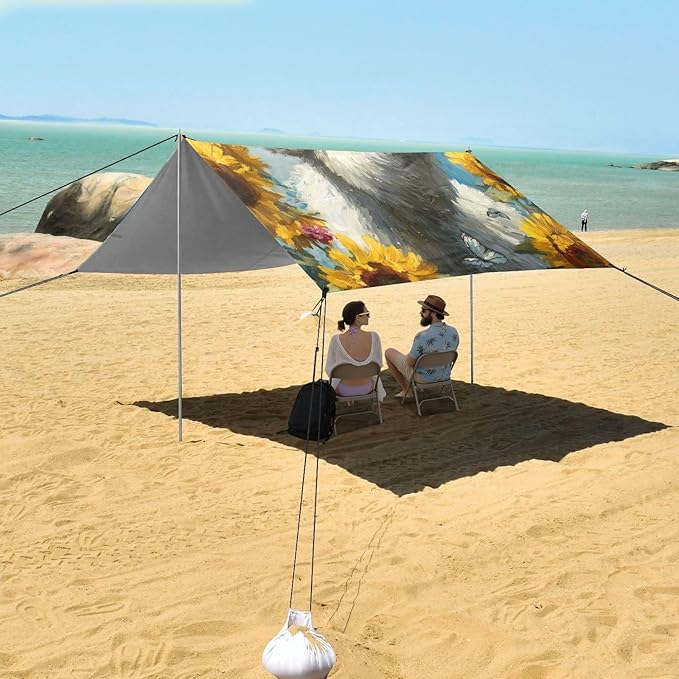 ALAZA Cute Yak Calf Sunflower Butterfly Beach Tent Sun Shelter UPF50+ Protection Beach Shade Canopy w/ 4 Sandbags for Outdoor Camping Fishing Backyard Fun Picnic 10x9 ft