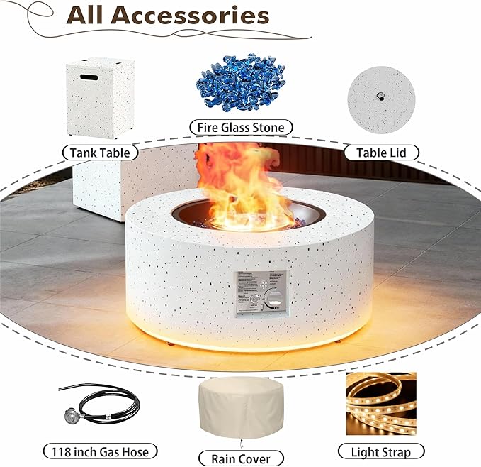 30 Round Propane Fire Pit Table - 50K BTU with Lid Rocks Tank Storage and Cover - Round Gas Fire Pits for Outside Patio - Outdoor Table with Firepit (White/Golden Light 30 Round)