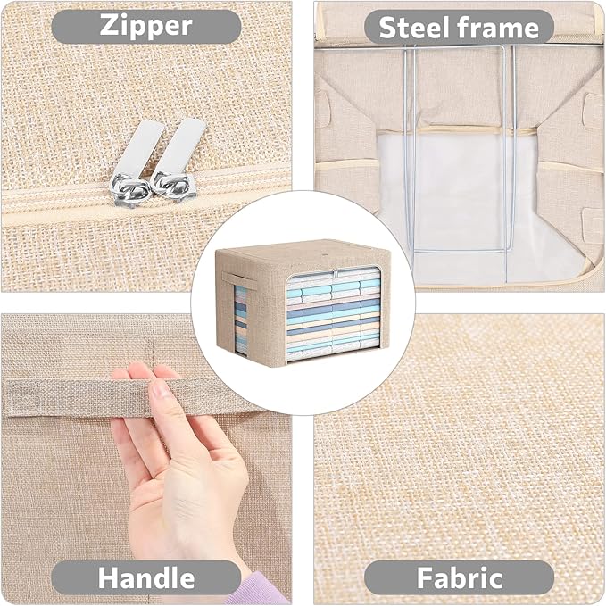FHSQX 2 Pack Clear Window Storage Bins - Large Stackable Linen Fabric Storage for Clothes Foldable Container Organizer Set with Carrying Handles (Beige 19.7x 15.7x 12.6 Inch)
