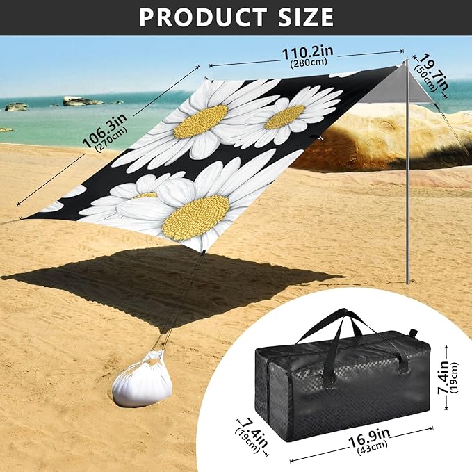 ALAZA Beautiful Daisy Flower on Black Beach Tent Sun Shelter Portable Canopy Sunshade for Outdoor Camping Picnics Backyard Fun 10x9 ft
