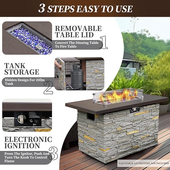PIZZELLO 43 Inch Propane Fire Pit Table Outdoor Stone Firepit Table Rectangular 50000 BTU Propane Fire Tables for Outside Patio with Wind Guard Table Lid Fire Beads CoverPizzello Caldo (Gray)