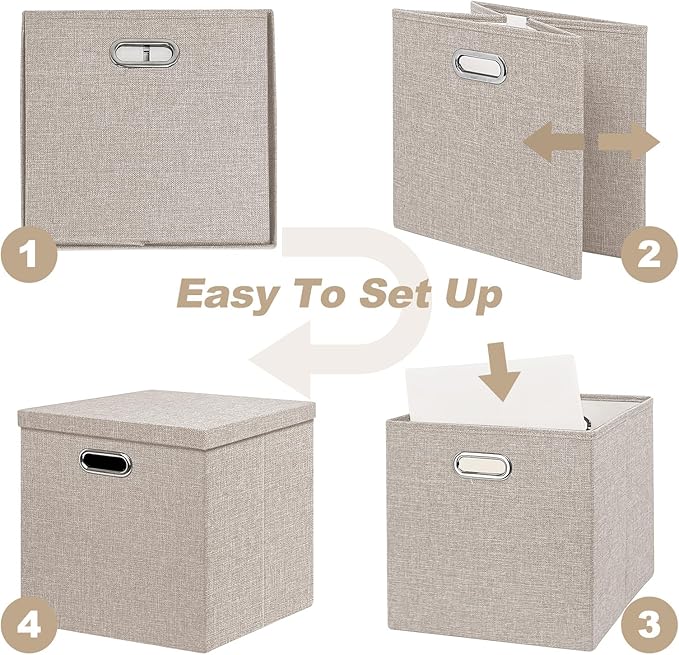 Linen Storage Bins with Lids13 x 13 Inch Foldable Fabric Cube Baskets Boxes Organizer for Closet Shelves and Home. (Beige (13x13) 2 pack)