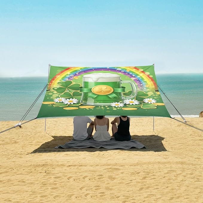 Beach Canopy with Windproof Ropes &amp Sandbags Beach Tent Sun Shade Sun Shelter for Camping Trips Fishing Backyard Fun or Picnics St. Patrick's Day
