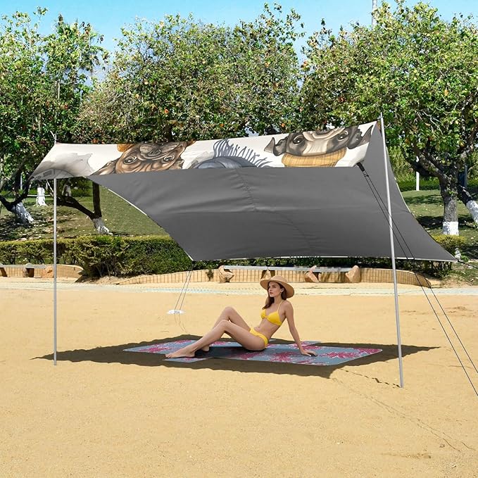 ALAZA Bulldogs with Hat Dogs Beach Tent Sun Shelter UPF50+ Protection Beach Shade Canopy w/ 4 Sandbags for Outdoor Camping Fishing Backyard Fun Picnic 10x9 ft