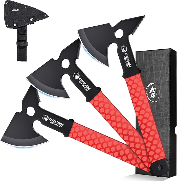 Dream Reach 6-Pack Throwing Game Set Including Safe Full Tang 3 PCS Throwing Axes and 3 PCS Throwing Knives with TPR Rubber Sleeve and Protective Sheaths for Recreation and Competition