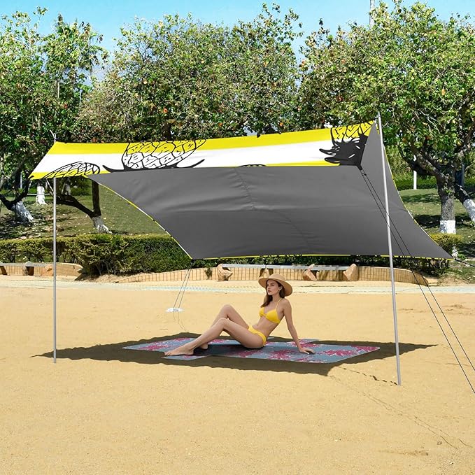 Beach Canopy with Windproof Ropes &amp Sandbags Beach Tent Sun Shade Sun Shelter for Camping Trips Fishing Backyard Fun or Picnics Pineapple