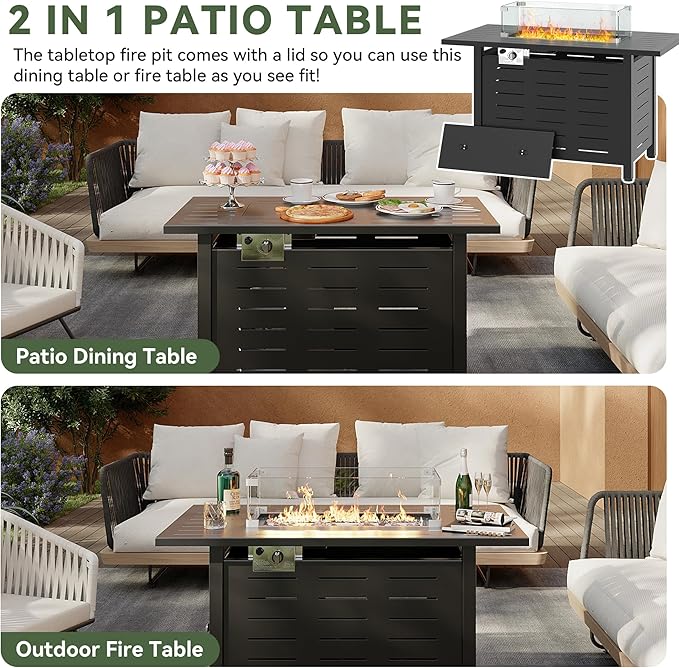 Aoxun 44 Propane Fire Pit Table– 60000 BTU Outdoor Gas Fire Pits with Removable Lid &amp Waterproof Cover Lava Rocks Rectangle Gas Firepit Table for Outside Patio Black