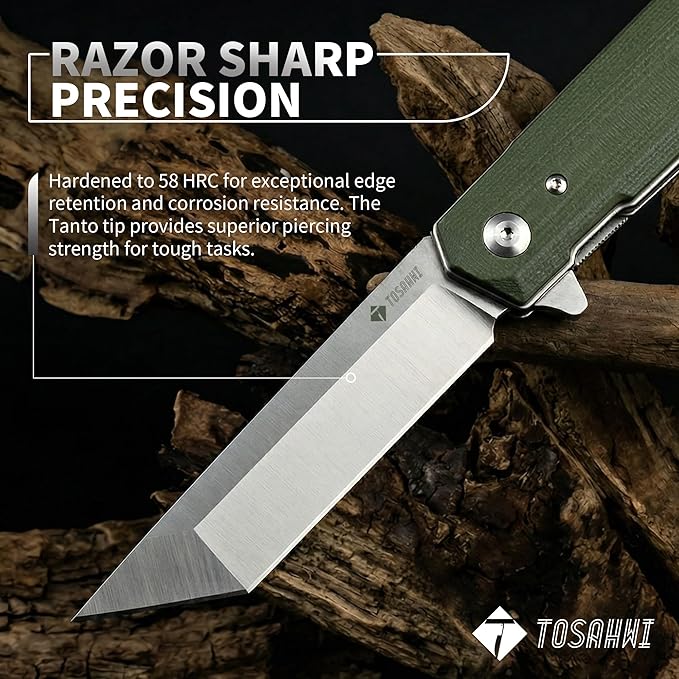 Pocket Folder Folding Knife: 3.54 5CR15Mov Steel Grey titanized Satin Blade G10 Scales Flipper Liner Lock EDC Reversible Deep Clip -Green