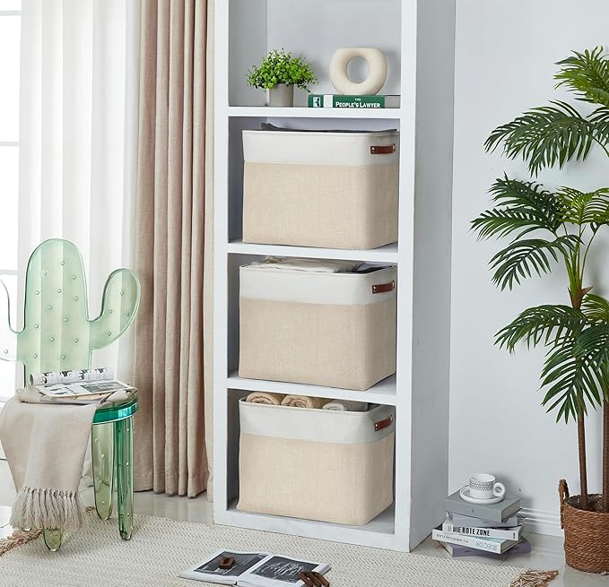 DECOMOMO Extra Large Storage Baskets 54.5L Fabric Storage Bins for Organizing Linen Closet Nursery (Khaki &amp White XXXL - 3 pack)