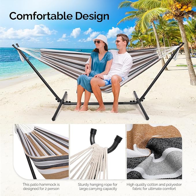 ONCLOUD 550 LBS Capacity Double Hammock with Stand Included with Portable Carrying Bag Heavy Duty 2-Person Hammock for Outdoors &amp Indoors - Desert Stripe Series TDCTZ1 - Desert Stripe