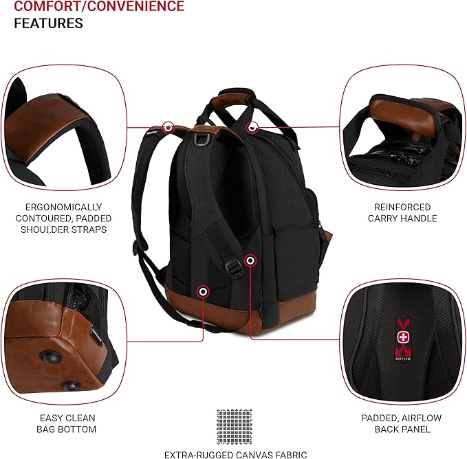 SwissGear Tool Bag Backpack Fits Up to 15-Inch Laptop Work Pack Black/Brown Canvas