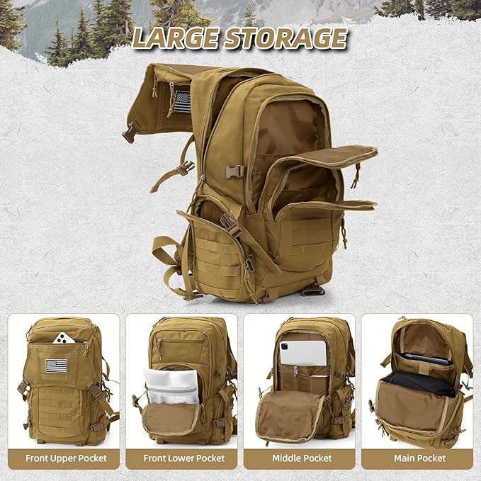 35L Military Tactical Backpack for MenWater Resistant Assault Pack for WomenKhaki Molle Daypack 3 Day Bug Out Bag Rucksack for Trekking CampingSurvivalEDC