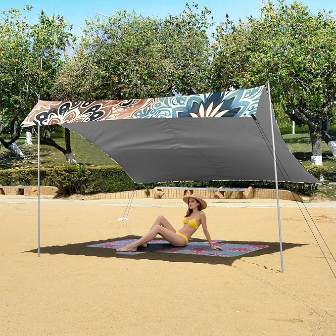 Bohemian Floral Retro Print Beach Tent Sun Shelter Set UPF50+ UV Protection 10.5 x 9.19 FT Camping Shade Canopy with Sandbags Sand Anchors Carrying Bag and Others