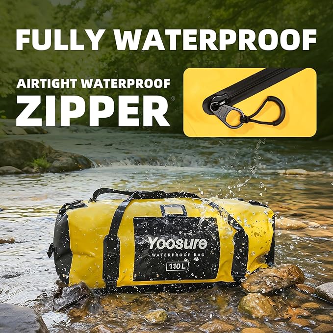 Airtight Zipper Waterproof Duffel Bag 110L- 700D PVC Dry Bag Extra Large Dry Bags with Straps&ampHandles for Camping Boating Kayaking Rafting Canoeing Gym Beach Car Roof Storage (Yellow)